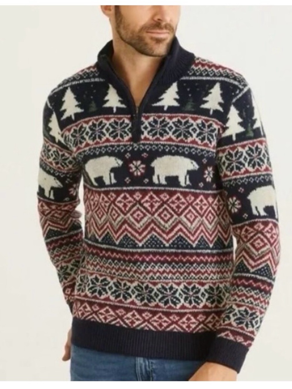 Aspen Mens Christmas Polar Bear Fair Isle Nordic Sweater Size Medium 1/4 Zip